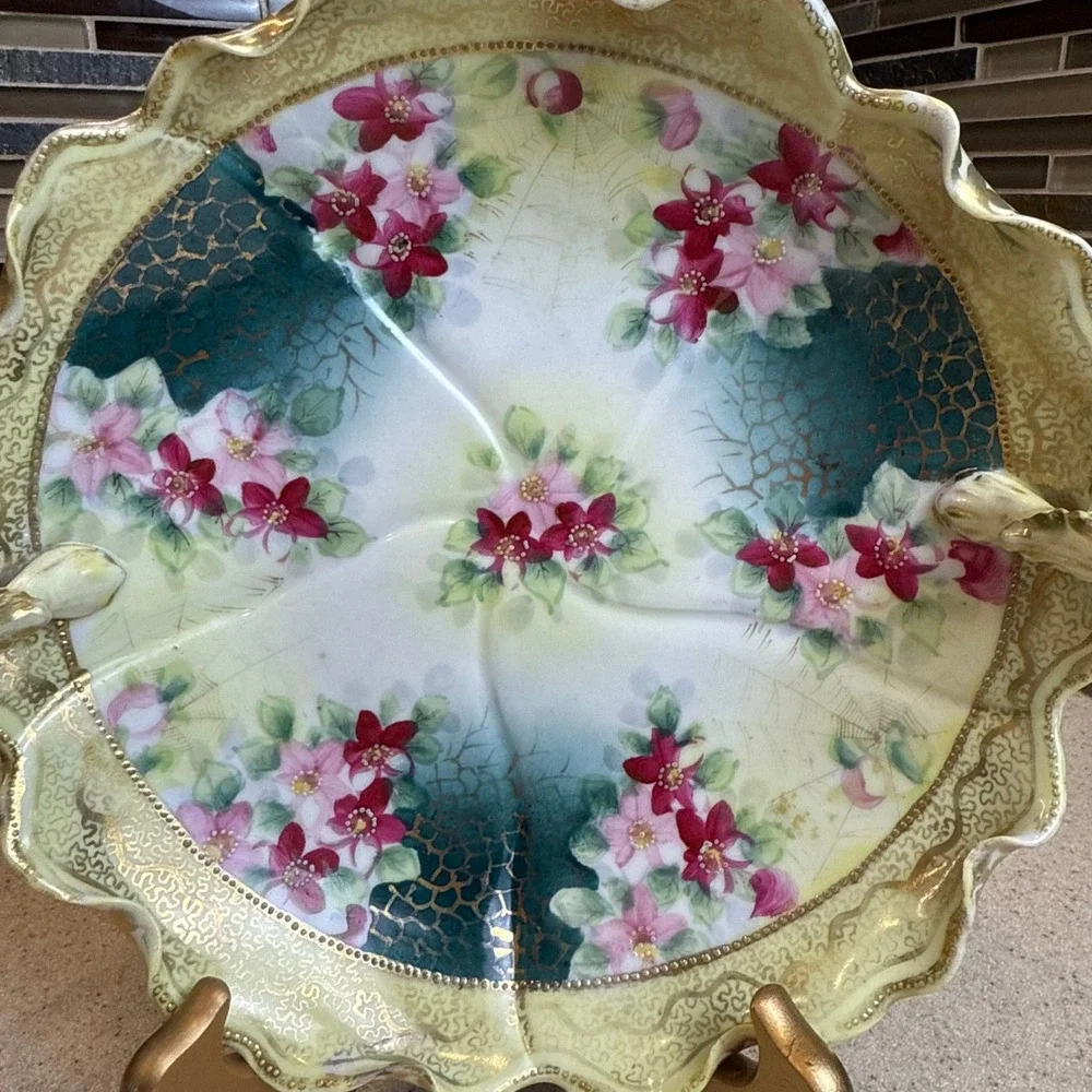 Antique Wheelock Tokio Japan Hand Painted Floral Spiderweb Porcelain Bowl Gold